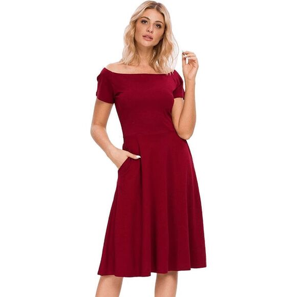 ❤️ Off Shoulder Short Sleeve Cocktail Burgundy Dress with Pockets SIZES M, L NEW - Picture 2 of 16
